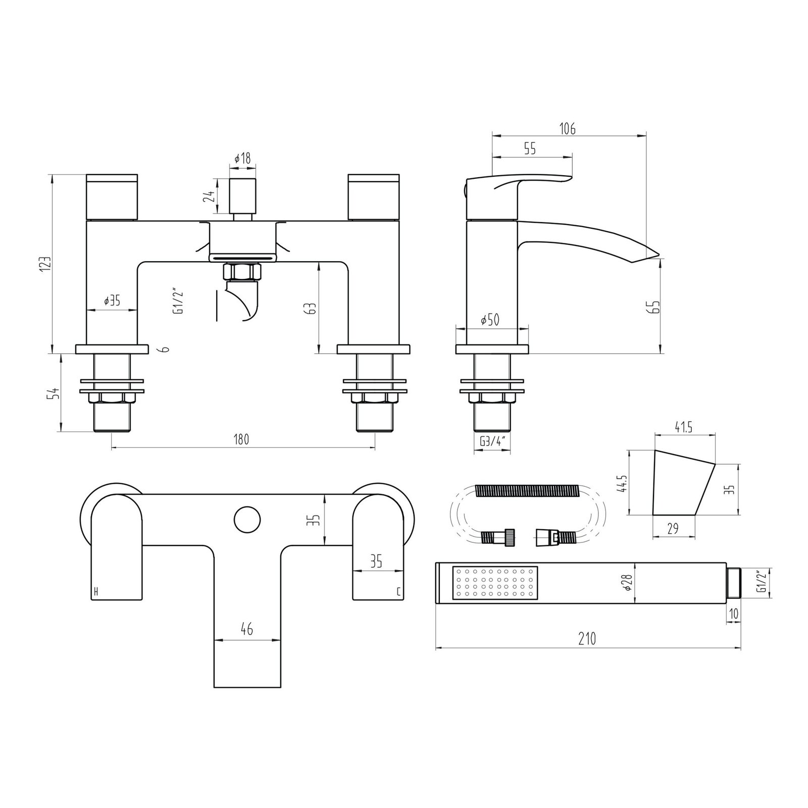 Belini Black Deck Mounted Bath Shower Mixer